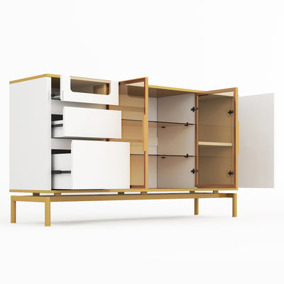 Buffet Élégant Blanc Effet Marbre et Or avec Portes Vitrées, Tiroirs Cachés et Rangement Modulable KROCEID