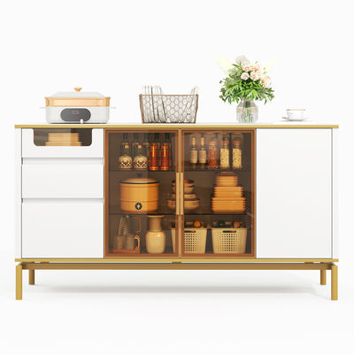 Buffet Élégant Blanc Effet Marbre et Or avec Portes Vitrées, Tiroirs Cachés et Rangement Modulable KROCEID