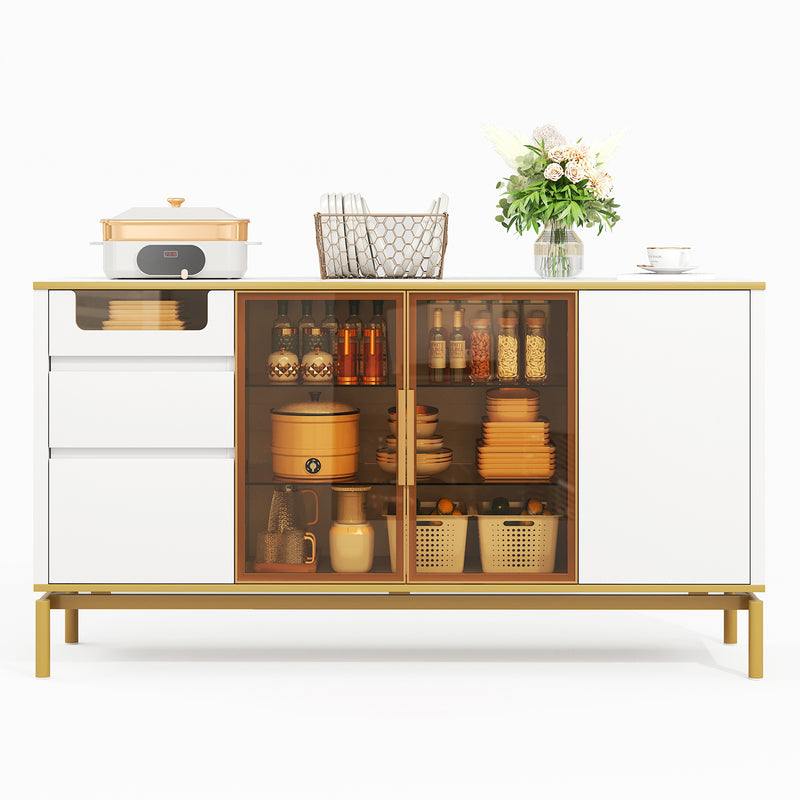 Buffet Élégant Blanc Effet Marbre et Or avec Portes Vitrées, Tiroirs Cachés et Rangement Modulable KROCEID