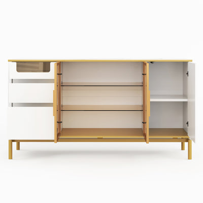 Buffet Élégant Blanc Effet Marbre et Or avec Portes Vitrées, Tiroirs Cachés et Rangement Modulable KROCEID