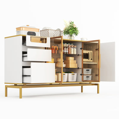 Buffet Élégant Blanc Effet Marbre et Or avec Portes Vitrées, Tiroirs Cachés et Rangement Modulable KROCEID