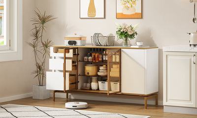 Buffet Élégant Blanc Effet Marbre et Or avec Portes Vitrées, Tiroirs Cachés et Rangement Modulable KROCEID