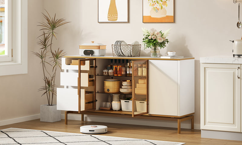 Buffet Élégant Blanc Effet Marbre et Or avec Portes Vitrées, Tiroirs Cachés et Rangement Modulable KROCEID