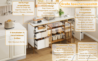 Buffet Élégant Blanc Effet Marbre et Or avec Portes Vitrées, Tiroirs Cachés et Rangement Modulable KROCEID