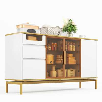 Buffet Élégant Blanc Effet Marbre et Or avec Portes Vitrées, Tiroirs Cachés et Rangement Modulable KROCEID