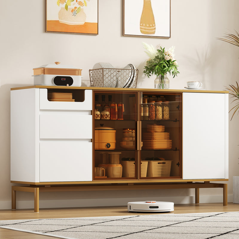 Buffet Élégant Blanc Effet Marbre et Or avec Portes Vitrées, Tiroirs Cachés et Rangement Modulable KROCEID
