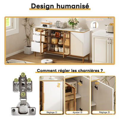 Buffet Élégant Blanc Effet Marbre et Or avec Portes Vitrées, Tiroirs Cachés et Rangement Modulable KROCEID