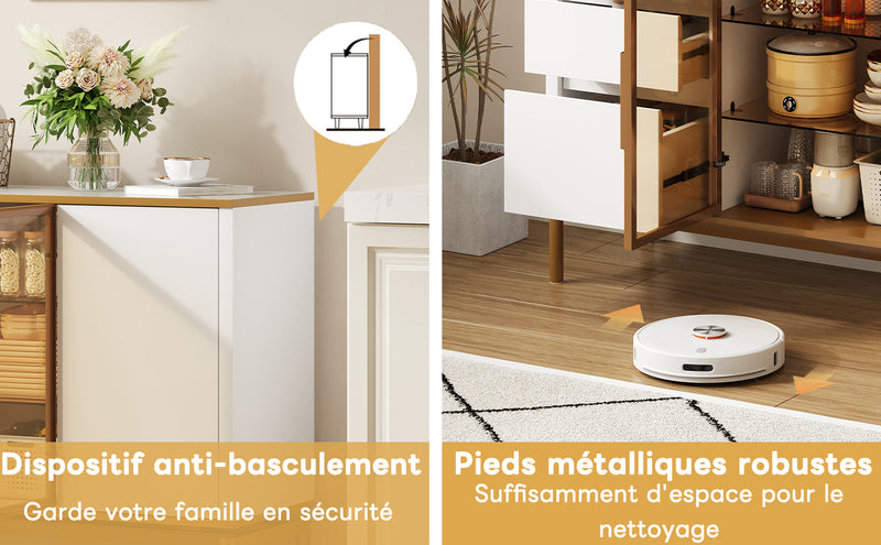 Buffet Élégant Blanc Effet Marbre et Or avec Portes Vitrées, Tiroirs Cachés et Rangement Modulable KROCEID