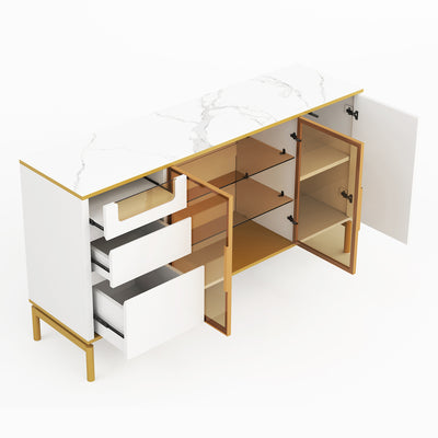 Buffet Élégant Blanc Effet Marbre et Or avec Portes Vitrées, Tiroirs Cachés et Rangement Modulable KROCEID