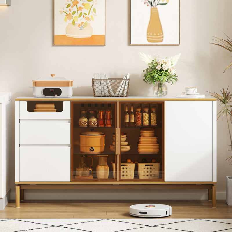 Buffet Élégant Blanc Effet Marbre et Or avec Portes Vitrées, Tiroirs Cachés et Rangement Modulable KROCEID