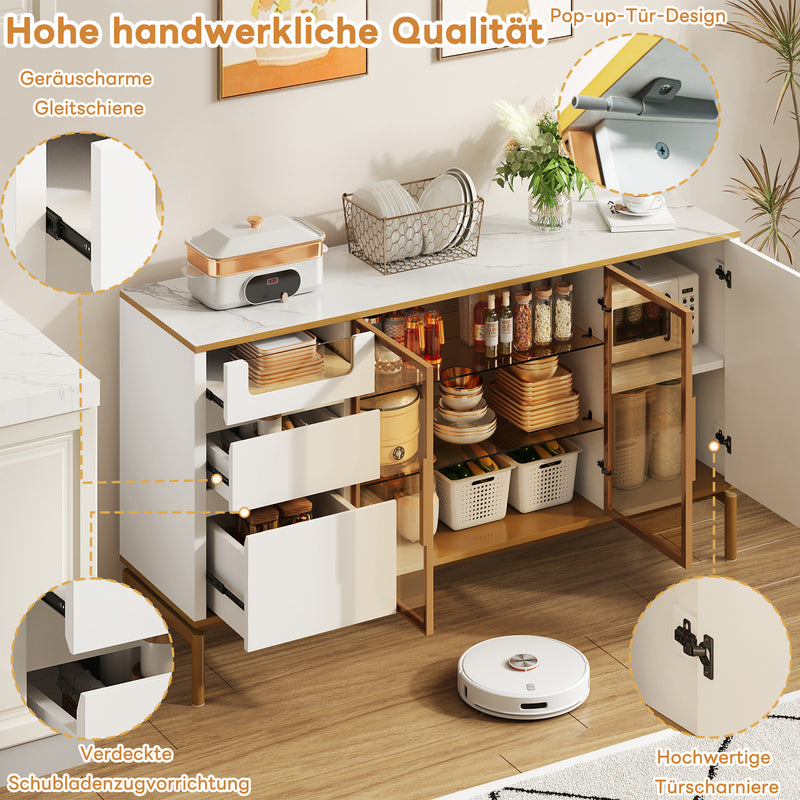 Buffet Élégant Blanc Effet Marbre et Or avec Portes Vitrées, Tiroirs Cachés et Rangement Modulable KROCEID