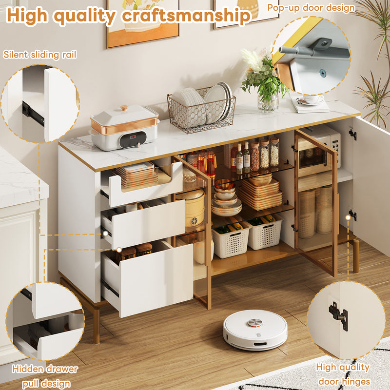 Buffet Élégant Blanc Effet Marbre et Or avec Portes Vitrées, Tiroirs Cachés et Rangement Modulable KROCEID