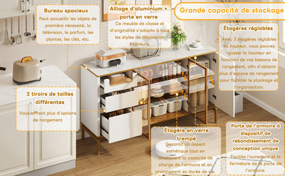 Buffet Élégant Blanc Effet Marbre et Or avec Portes Vitrées, Tiroirs Cachés et Rangement Modulable KROCEID