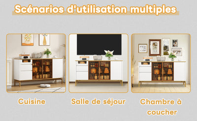 Buffet Élégant Blanc Effet Marbre et Or avec Portes Vitrées, Tiroirs Cachés et Rangement Modulable KROCEID