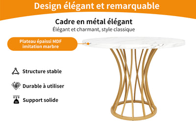 Table de Salle à Manger Carrée Or et Effet Marbre avec Piètement Métallique et Pieds Ajustables (80x80x76cm) KROGZEX GOLD