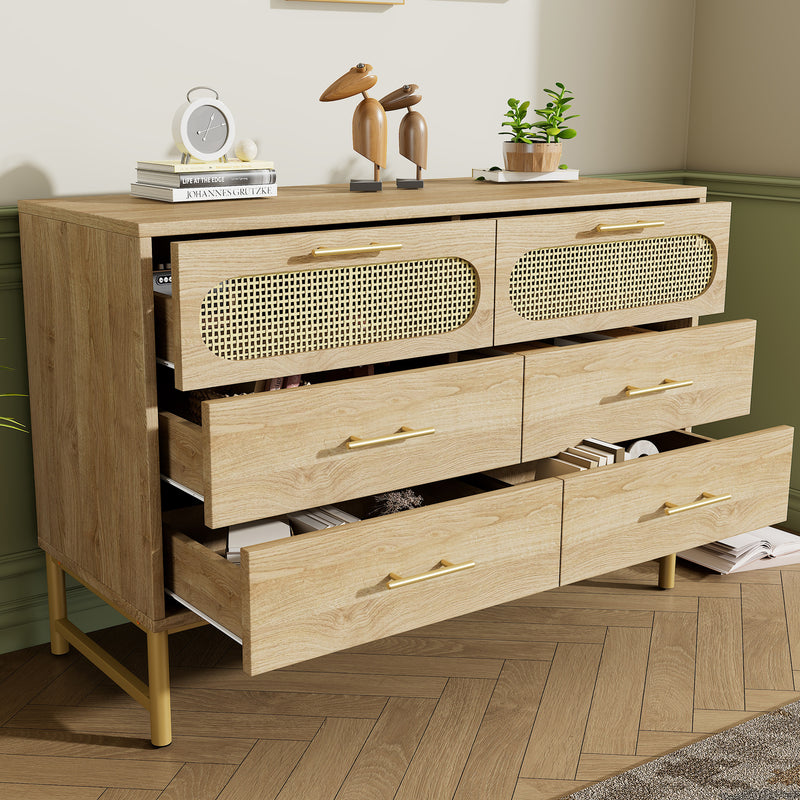 Commode Buffet Moderne en Chêne Sonoma avec 3 Tiroirs et 2 Portes Effet Rotin - Pieds Métalliques KRUN