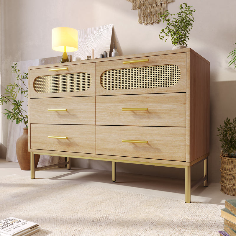 Commode Buffet Moderne en Chêne Sonoma avec 3 Tiroirs et 2 Portes Effet Rotin - Pieds Métalliques KRUN