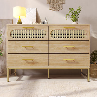 Commode Buffet Moderne en Chêne Sonoma avec 3 Tiroirs et 2 Portes Effet Rotin - Pieds Métalliques KRUN