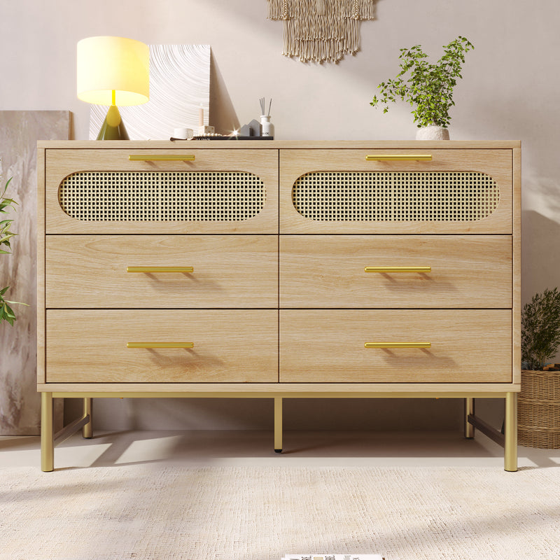 Commode Buffet Moderne en Chêne Sonoma avec 3 Tiroirs et 2 Portes Effet Rotin - Pieds Métalliques KRUN