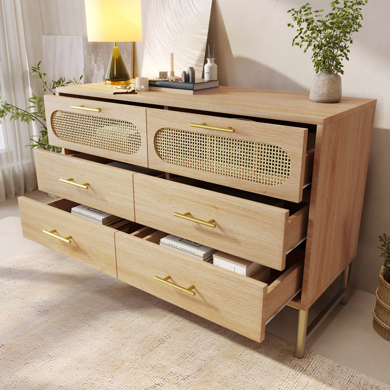 Commode Buffet Moderne en Chêne Sonoma avec 3 Tiroirs et 2 Portes Effet Rotin - Pieds Métalliques KRUN