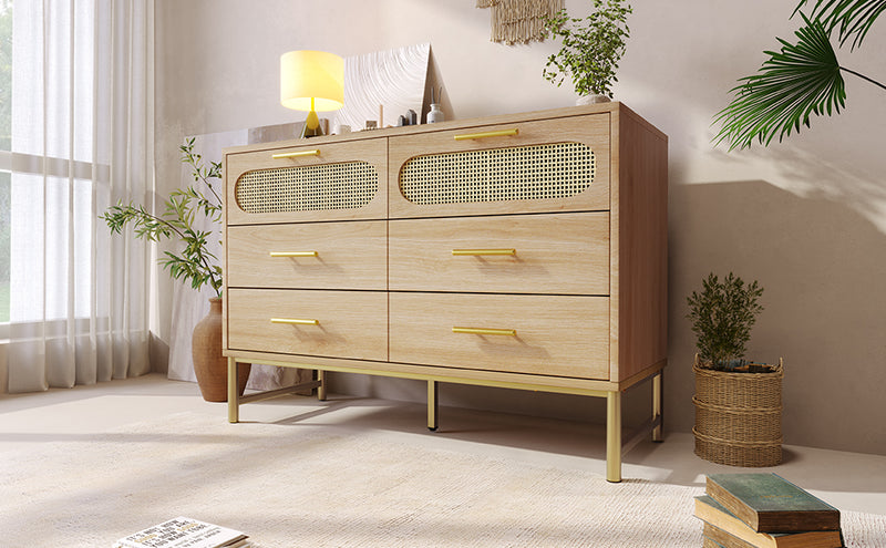 Commode Buffet Moderne en Chêne Sonoma avec 3 Tiroirs et 2 Portes Effet Rotin - Pieds Métalliques KRUN