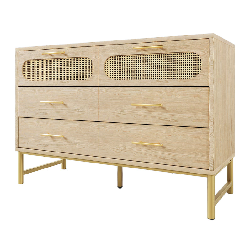 Commode Buffet Moderne en Chêne Sonoma avec 3 Tiroirs et 2 Portes Effet Rotin - Pieds Métalliques KRUN