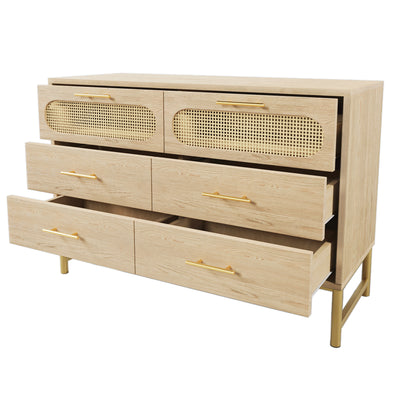 Commode Buffet Moderne en Chêne Sonoma avec 3 Tiroirs et 2 Portes Effet Rotin - Pieds Métalliques KRUN