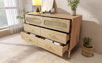 Commode Buffet Moderne en Chêne Sonoma avec 3 Tiroirs et 2 Portes Effet Rotin - Pieds Métalliques KRUN