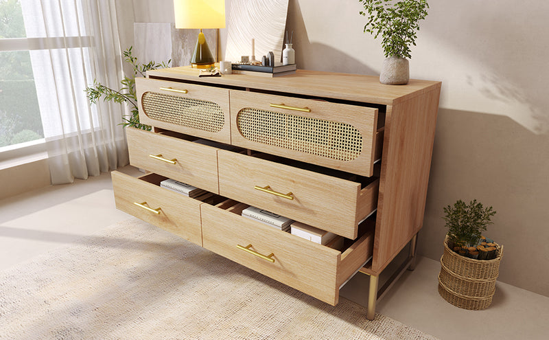 Commode Buffet Moderne en Chêne Sonoma avec 3 Tiroirs et 2 Portes Effet Rotin - Pieds Métalliques KRUN