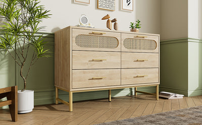 Commode Buffet Moderne en Chêne Sonoma avec 3 Tiroirs et 2 Portes Effet Rotin - Pieds Métalliques KRUN