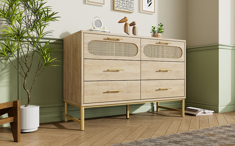 Commode Buffet Moderne en Chêne Sonoma avec 3 Tiroirs et 2 Portes Effet Rotin - Pieds Métalliques KRUN