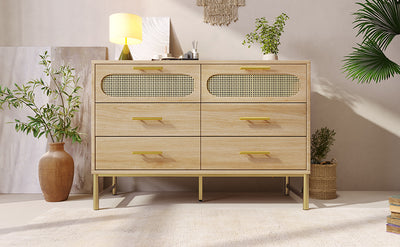 Commode Buffet Moderne en Chêne Sonoma avec 3 Tiroirs et 2 Portes Effet Rotin - Pieds Métalliques KRUN