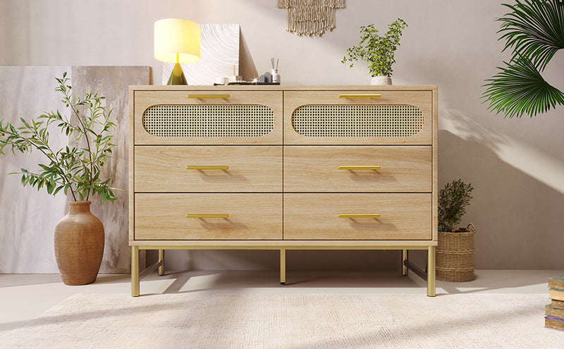 Commode Buffet Moderne en Chêne Sonoma avec 3 Tiroirs et 2 Portes Effet Rotin - Pieds Métalliques KRUN