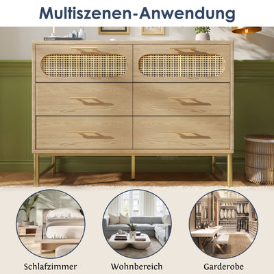 Commode Buffet Moderne en Chêne Sonoma avec 3 Tiroirs et 2 Portes Effet Rotin - Pieds Métalliques KRUN