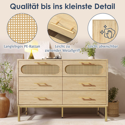 Commode Buffet Moderne en Chêne Sonoma avec 3 Tiroirs et 2 Portes Effet Rotin - Pieds Métalliques KRUN