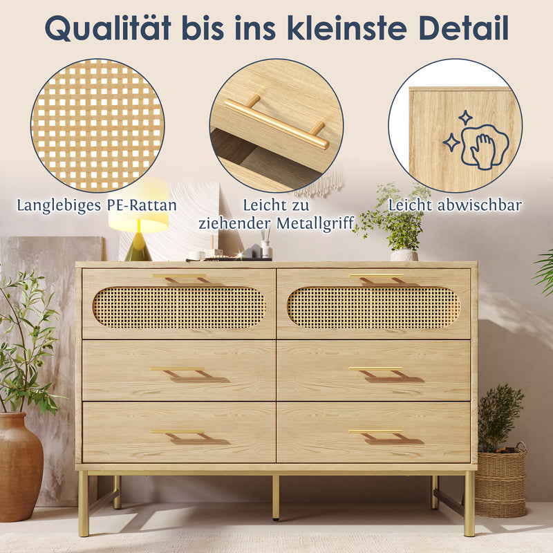 Commode Buffet Moderne en Chêne Sonoma avec 3 Tiroirs et 2 Portes Effet Rotin - Pieds Métalliques KRUN