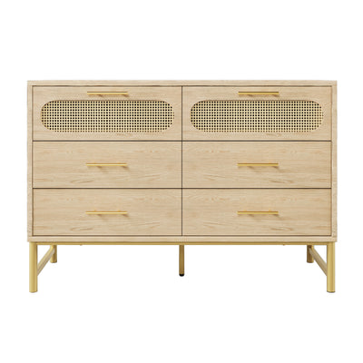 Commode Buffet Moderne en Chêne Sonoma avec 3 Tiroirs et 2 Portes Effet Rotin - Pieds Métalliques KRUN