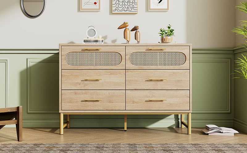 Commode Buffet Moderne en Chêne Sonoma avec 3 Tiroirs et 2 Portes Effet Rotin - Pieds Métalliques KRUN