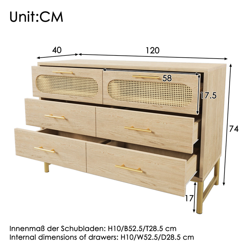 Commode Buffet Moderne en Chêne Sonoma avec 3 Tiroirs et 2 Portes Effet Rotin - Pieds Métalliques KRUN