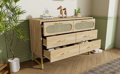 Commode Buffet Moderne en Chêne Sonoma avec 3 Tiroirs et 2 Portes Effet Rotin - Pieds Métalliques KRUN