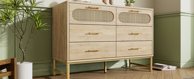 Commode Buffet Moderne en Chêne Sonoma avec 3 Tiroirs et 2 Portes Effet Rotin - Pieds Métalliques KRUN