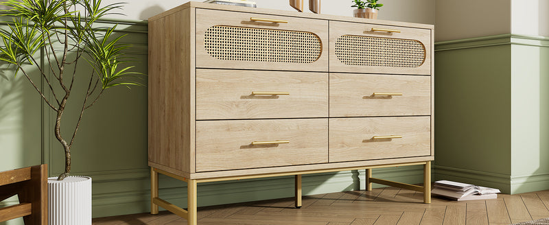 Commode Buffet Moderne en Chêne Sonoma avec 3 Tiroirs et 2 Portes Effet Rotin - Pieds Métalliques KRUN