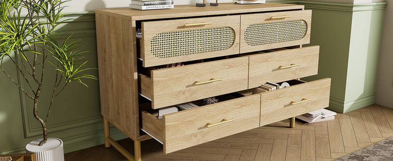 Commode Buffet Moderne en Chêne Sonoma avec 3 Tiroirs et 2 Portes Effet Rotin - Pieds Métalliques KRUN