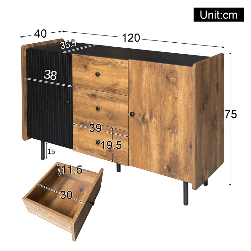 Buffet / Commode Moderne Noir & Bois avec 2 Portes, 3 Tiroirs et Pieds surélevés (120x40x75cm) KUCU