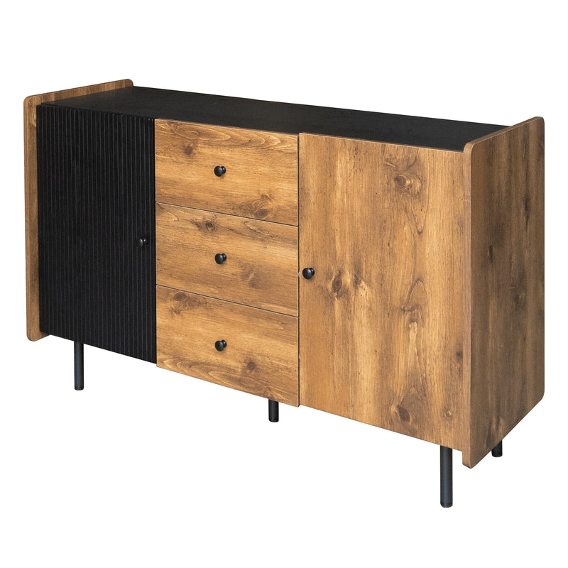 Buffet / Commode Moderne Noir & Bois avec 2 Portes, 3 Tiroirs et Pieds surélevés (120x40x75cm) KUCU