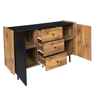 Buffet / Commode Moderne Noir & Bois avec 2 Portes, 3 Tiroirs et Pieds surélevés (120x40x75cm) KUCU