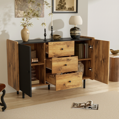Buffet / Commode Moderne Noir & Bois avec 2 Portes, 3 Tiroirs et Pieds surélevés (120x40x75cm) KUCU