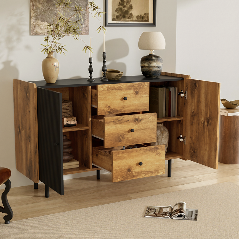 Buffet / Commode Moderne Noir & Bois avec 2 Portes, 3 Tiroirs et Pieds surélevés (120x40x75cm) KUCU