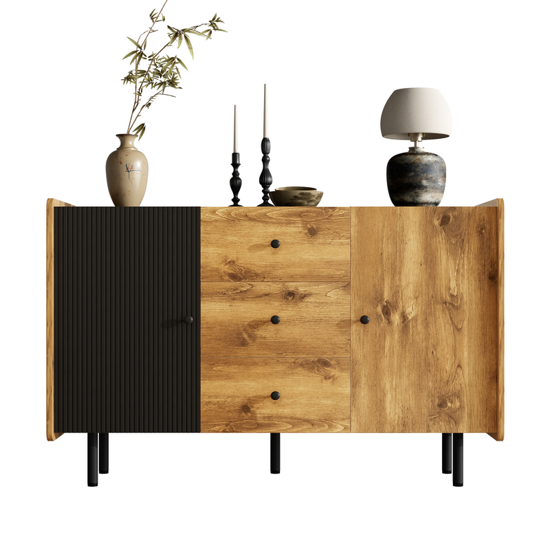 Buffet / Commode Moderne Noir & Bois avec 2 Portes, 3 Tiroirs et Pieds surélevés (120x40x75cm) KUCU