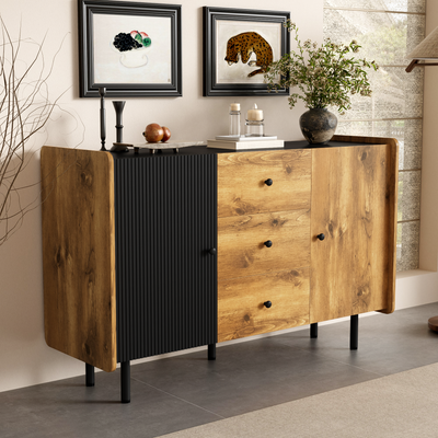 Buffet / Commode Moderne Noir & Bois avec 2 Portes, 3 Tiroirs et Pieds surélevés (120x40x75cm) KUCU